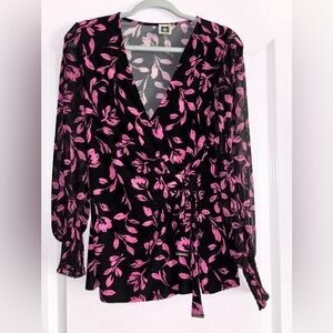 Anne Klein Black and Pink Long Sleeve Wrap Blouse